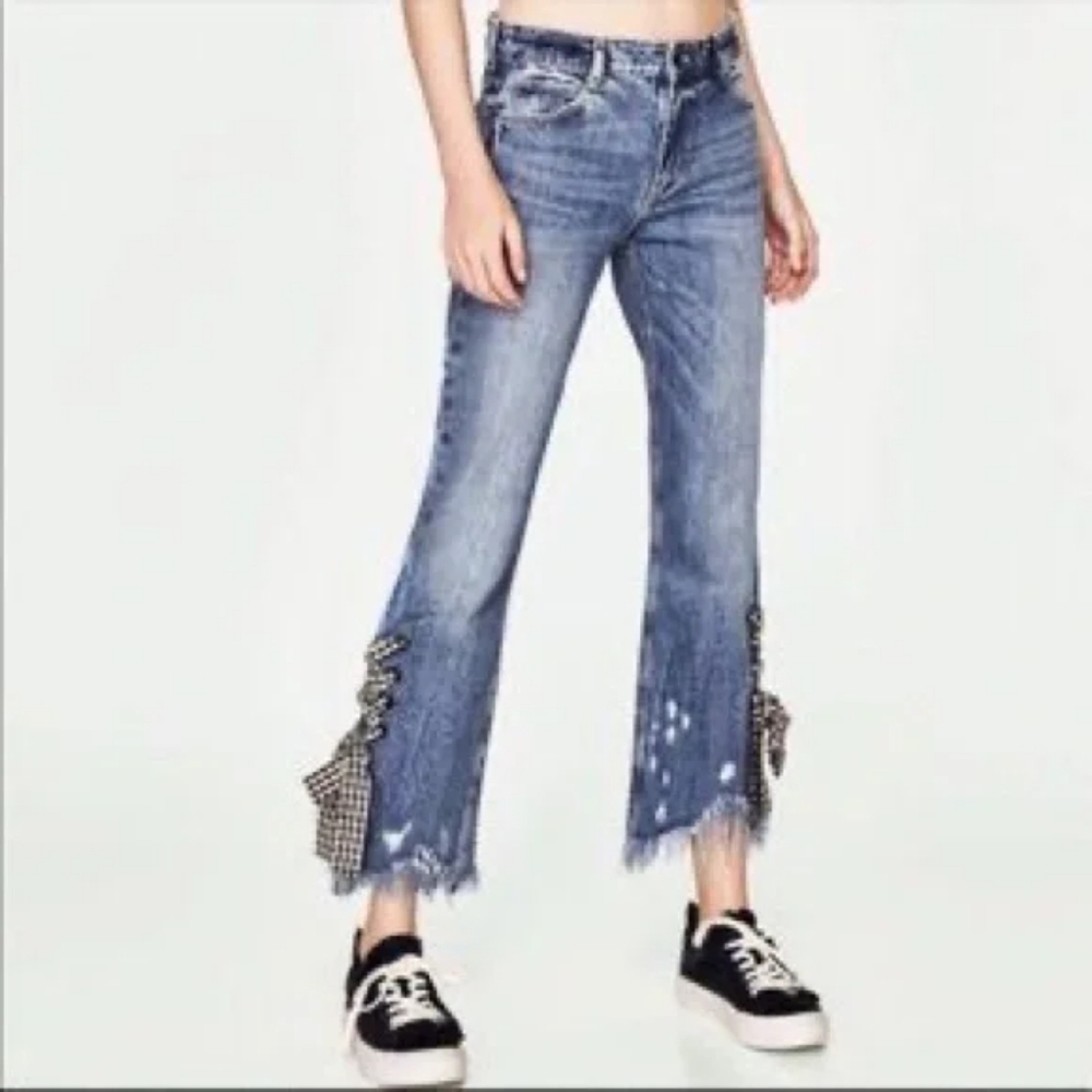 Zara Mix'd Makers gingham tie hem jeans size 8